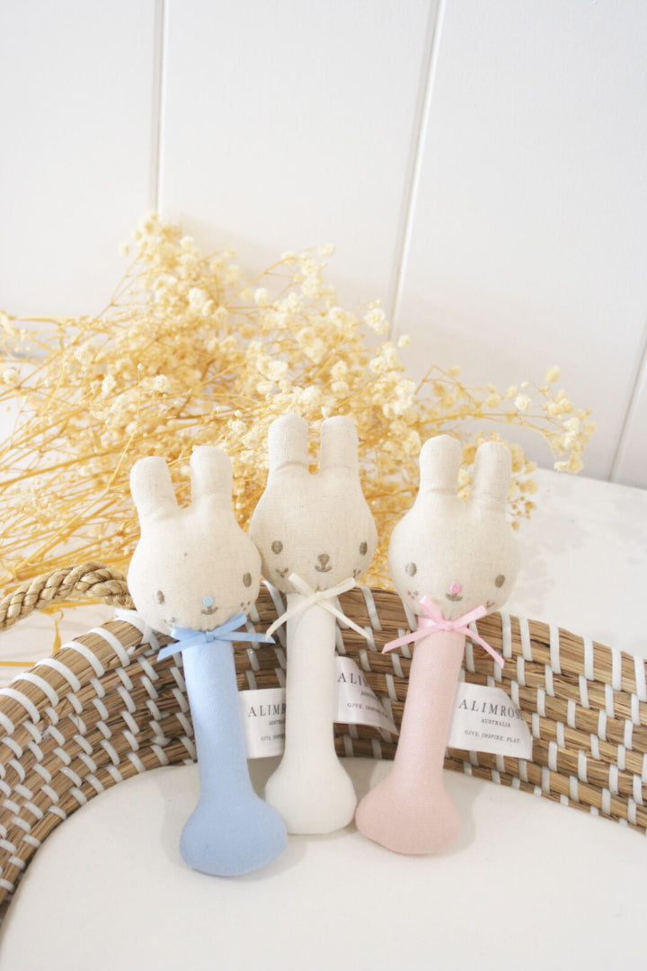 Linen Bunny Stick Rattle - Blue
